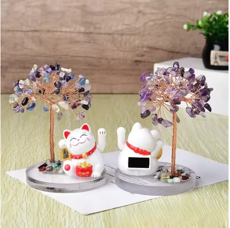 Maneki Neko avec Arbre de Cristaux
