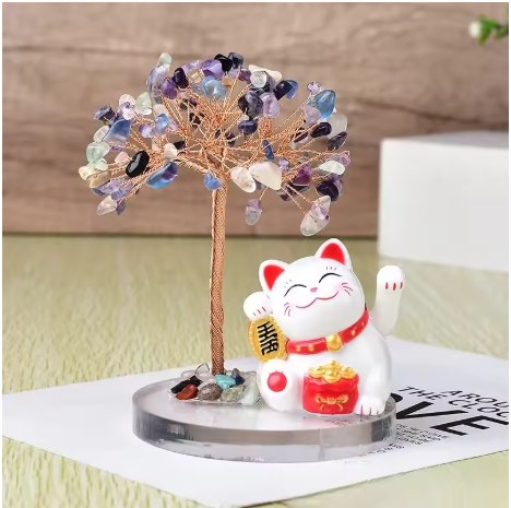 Maneki Neko avec Arbre de Cristaux