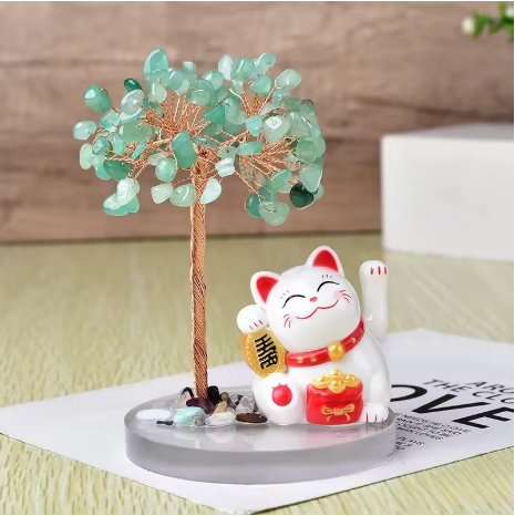 Maneki Neko avec Arbre de Cristaux