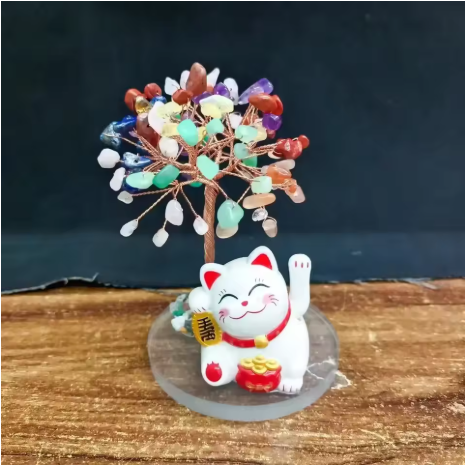Maneki Neko avec Arbre de Cristaux